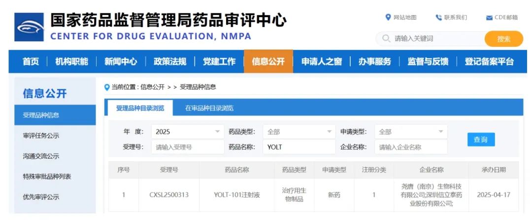 1類新藥YOLT-101注射液臨床試驗申請獲正式受理